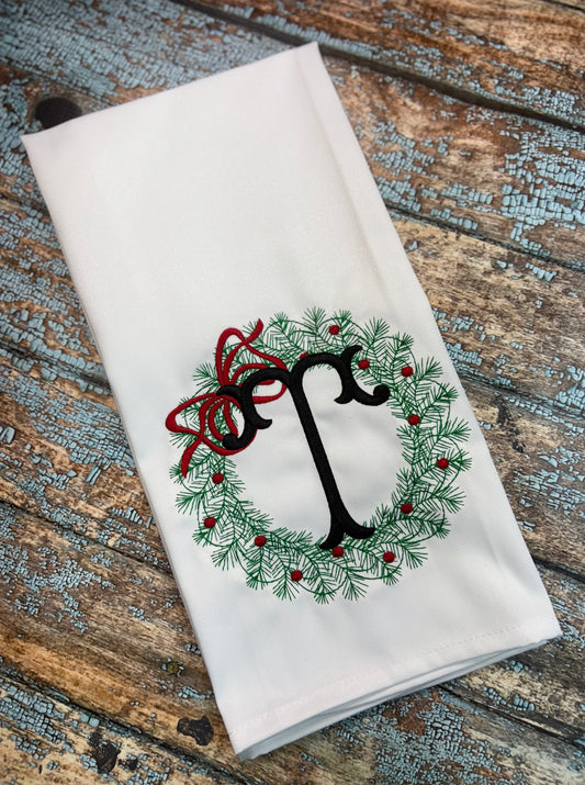 Christmas Wreath Monogram Tea Towel