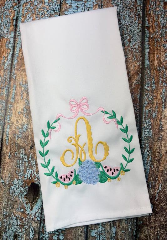 Preppy Laurel Watermelon Hydrangea Tea Towel