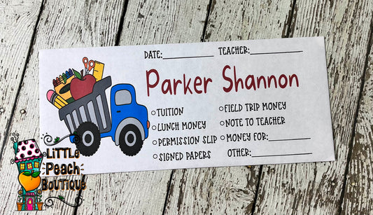 Dump Truck Personalized School Envelope Set